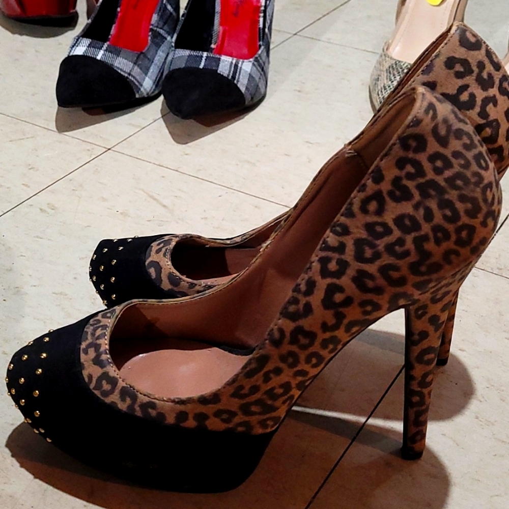 leopard print studded toe heels